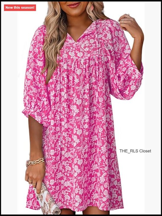 Dresses & Skirts - Chiffon Boho Floral Drawstring V-Neck Mini Dress with Lantern Sleeves